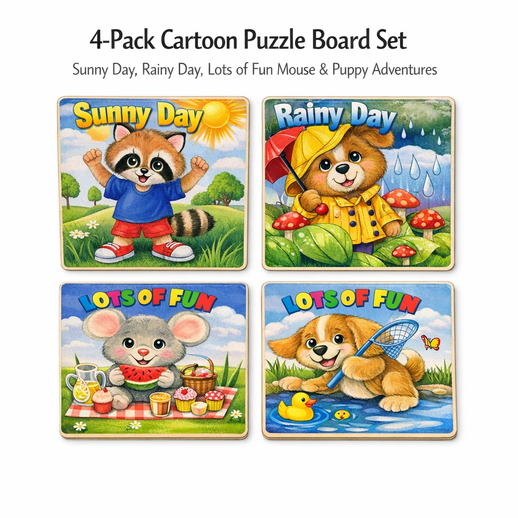Kids Puzzle Story Set – Raccoon, Bear, Mouse & Dog Characters in Seasonal Adventures (4‑Pack)